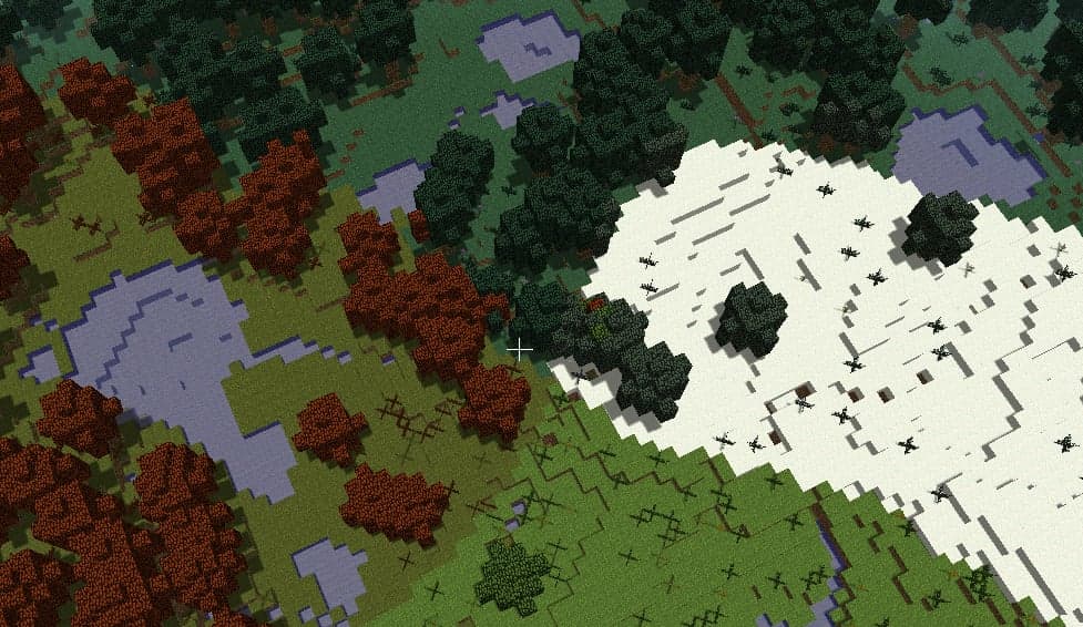 Voxel landscape showing different biome regions