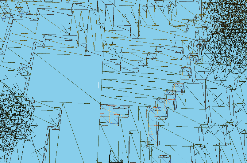 Wireframe view showing large merged quads across flat terrain