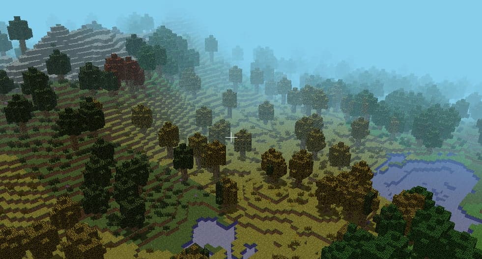 Voxel landscape showing mountains, rivers and coastline