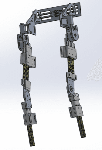 CAD model of the exoskeleton,
showing both legs and the cable-driven actuation